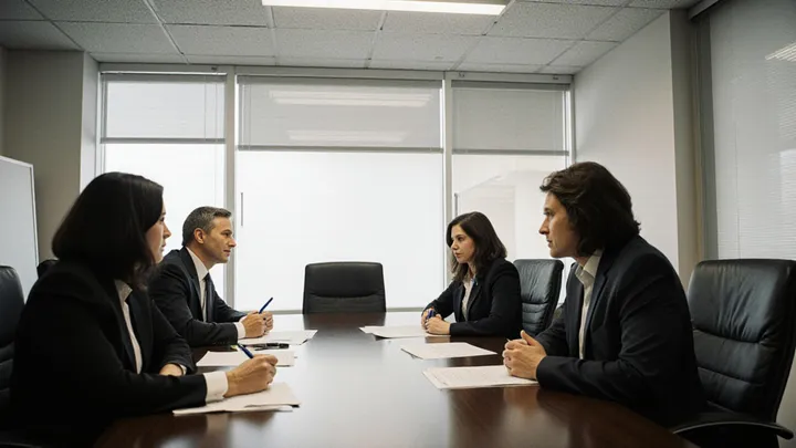 Two sides facing each other across a boardroom table