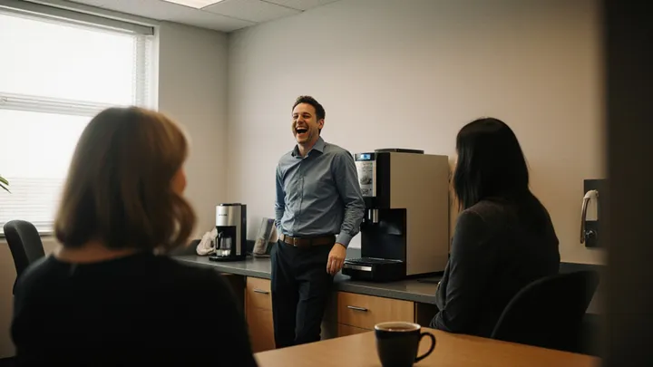 Coworkers gathered in an office break room